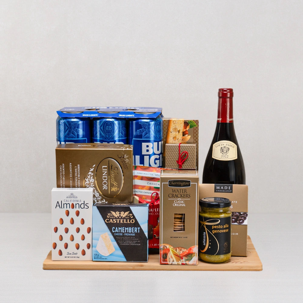 Camembert & Classics Indulgence Set with Louis Jadot red wine, six Bud Light beers, Castello Camembert and Lindt Lindor