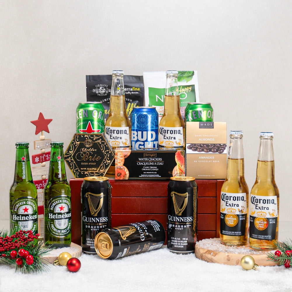 12 Beers of Christmas Gift Basket with Corona, Heineken, Guinness and Bud Light beers plus brie spread on a red wooden crate