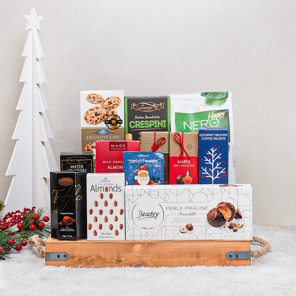 12 Days of Gourmet Christmas gift tray with Desobry praline cookies, Santa's Favorite cocoa, maple chocolates and coffee