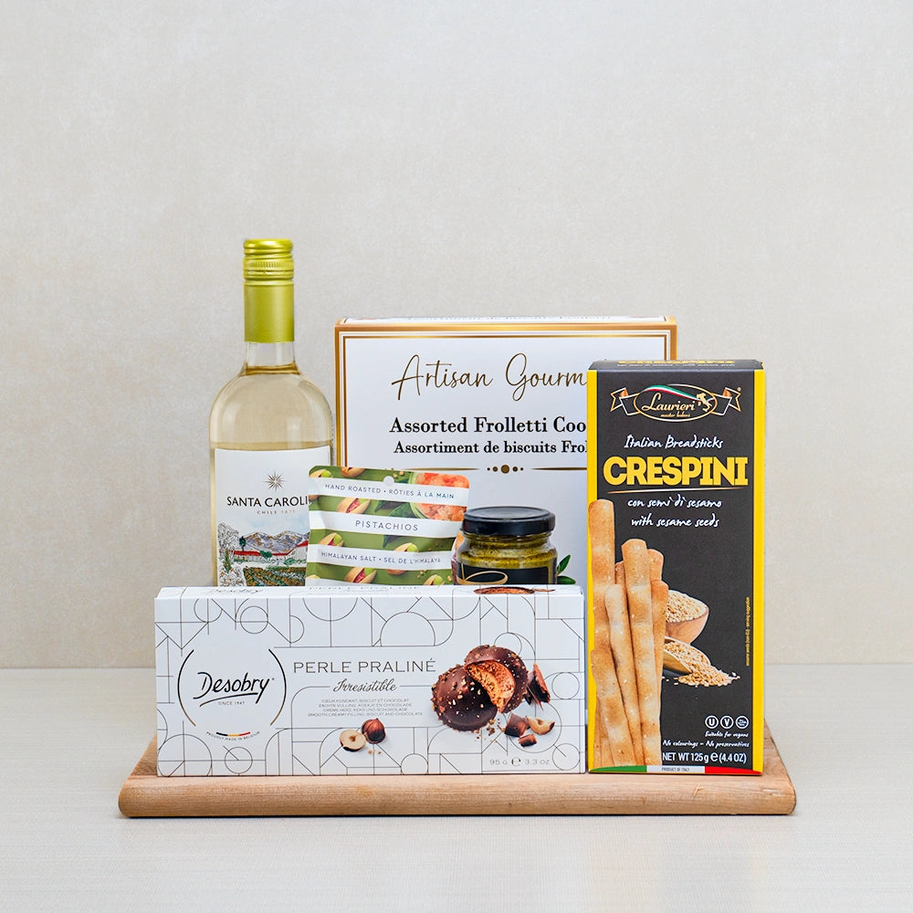 The Crispy & Creamy Delight Set with Santa Carolina Sauvignon Blanc, Desobry Perle Praliné, Frolletti cookies and breadsticks