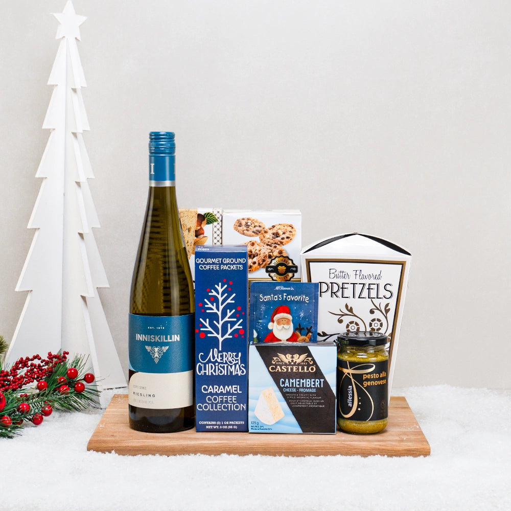 Snowy Night Wine & Treats gift set with Inniskillin Riesling, Castello Camembert, butter pretzels and Santa's Favorite cocoa