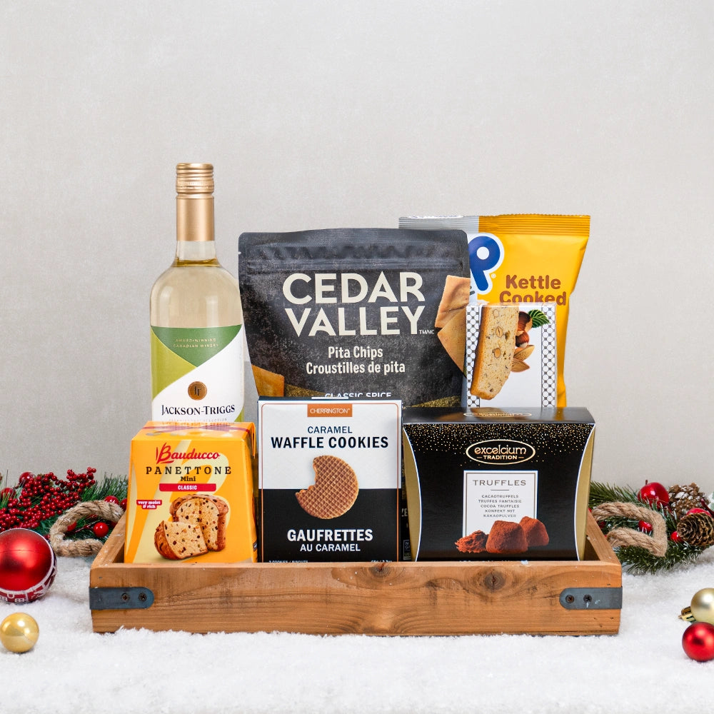 Christmas Eve Gourmet Tray with Jackson-Triggs white wine, mini panettone, Cedar Valley pita chips and Excelcium truffles