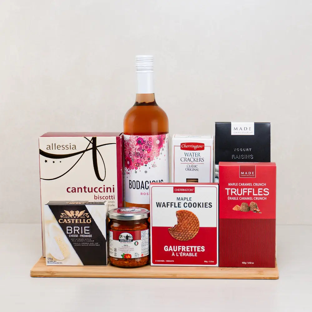 Classic Valentine’s Gift Basket with Bodacious rosé, Castello brie, cantuccini, maple caramel truffles and waffle cookies