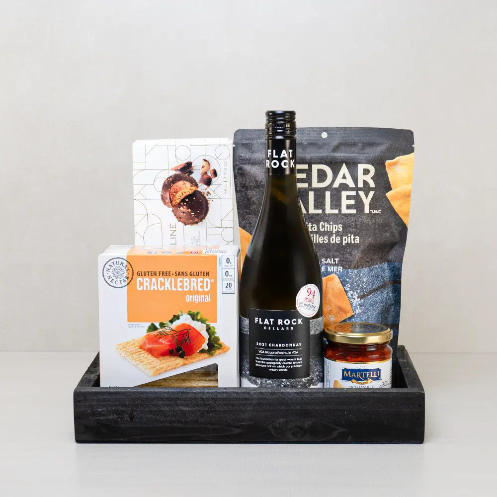 Thinking of You Sympathy Wine and Snack Set with Flat Rock Chardonnay, pita chips and Cracklebred in a black wood tray