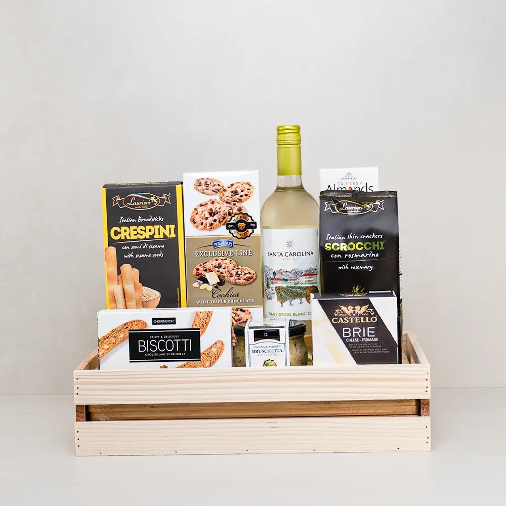 Brighter Days Wine & Treats gift crate with Santa Carolina Sauvignon Blanc, Castello brie, breadsticks, biscotti and cookies