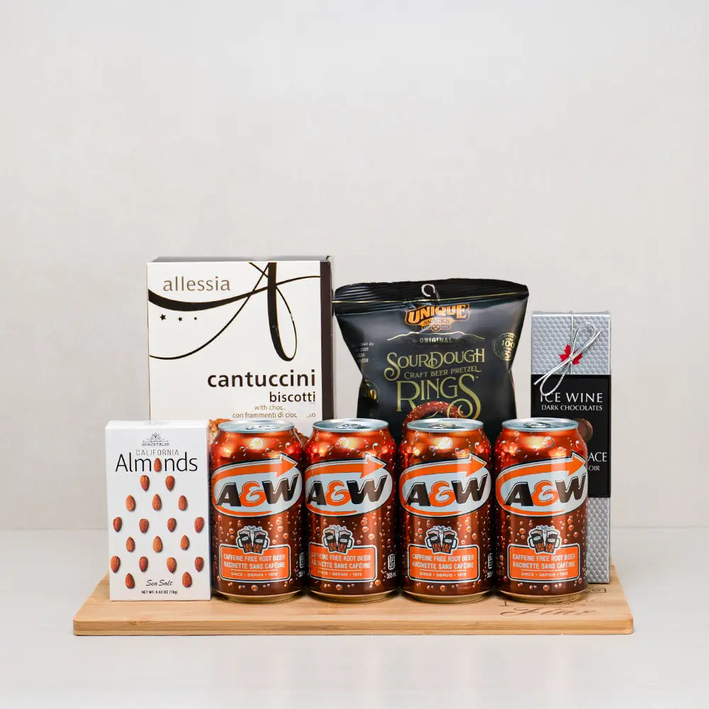 Root Beer Refresh & Snack Delight gift set: four A&W root beers, sourdough pretzel rings, cantuccini and almonds on a board