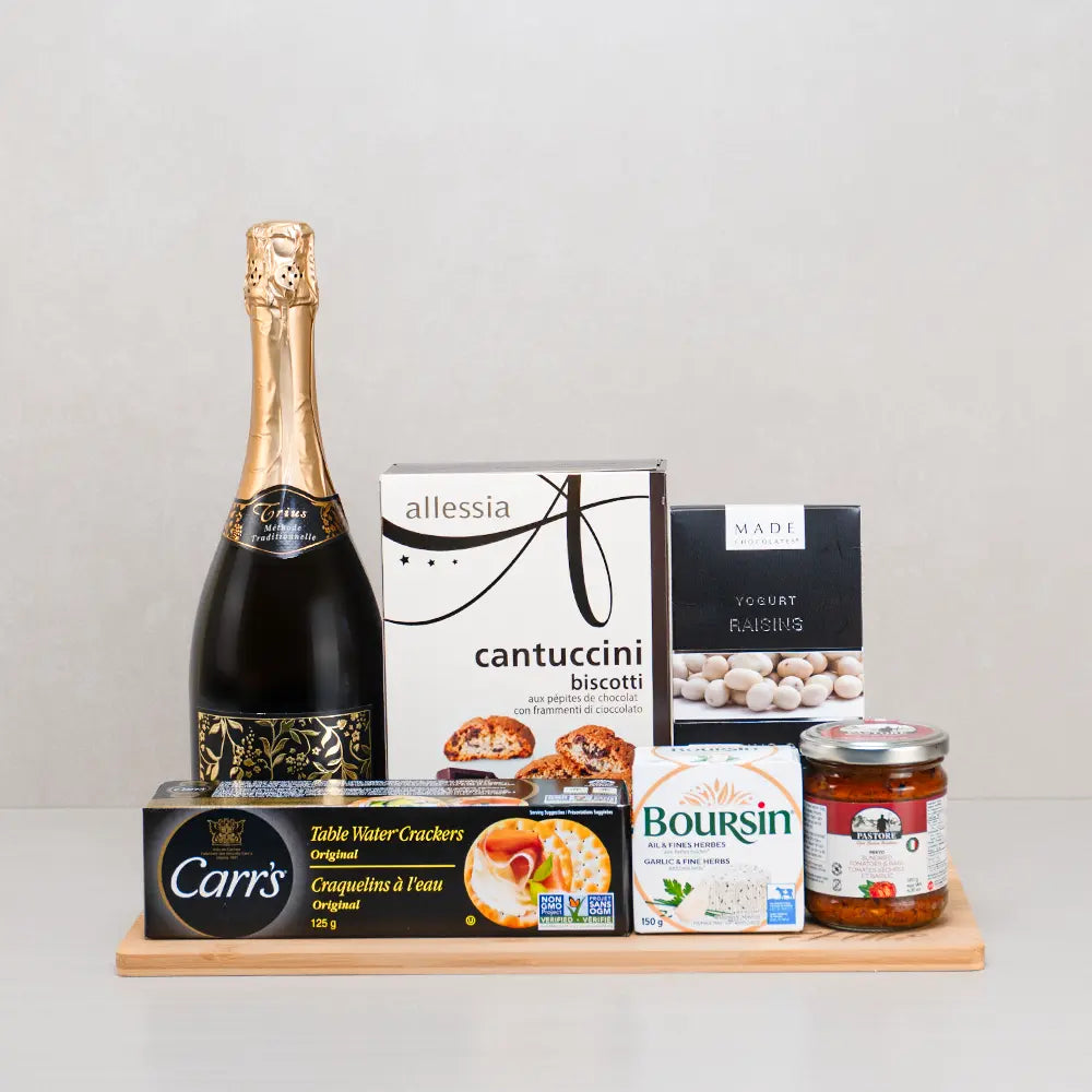 Crystal Charm Gift Basket with sparkling wine, Boursin garlic and herb cheese, Carr's crackers, cantuccini and pesto