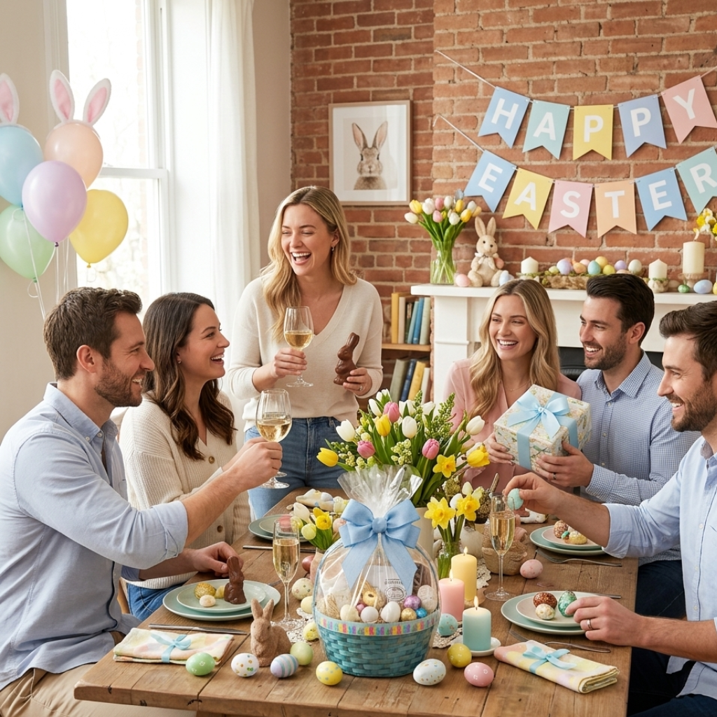 Friends celebrating Easter with wine and gourmet gift baskets at a festive dinner table.