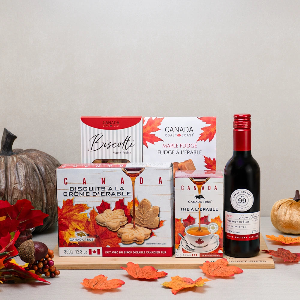 Grateful Gatherings Gift Basket with Wayne Gretzky Cabernet Merlot, maple cream cookies, maple tea, maple fudge and biscotti