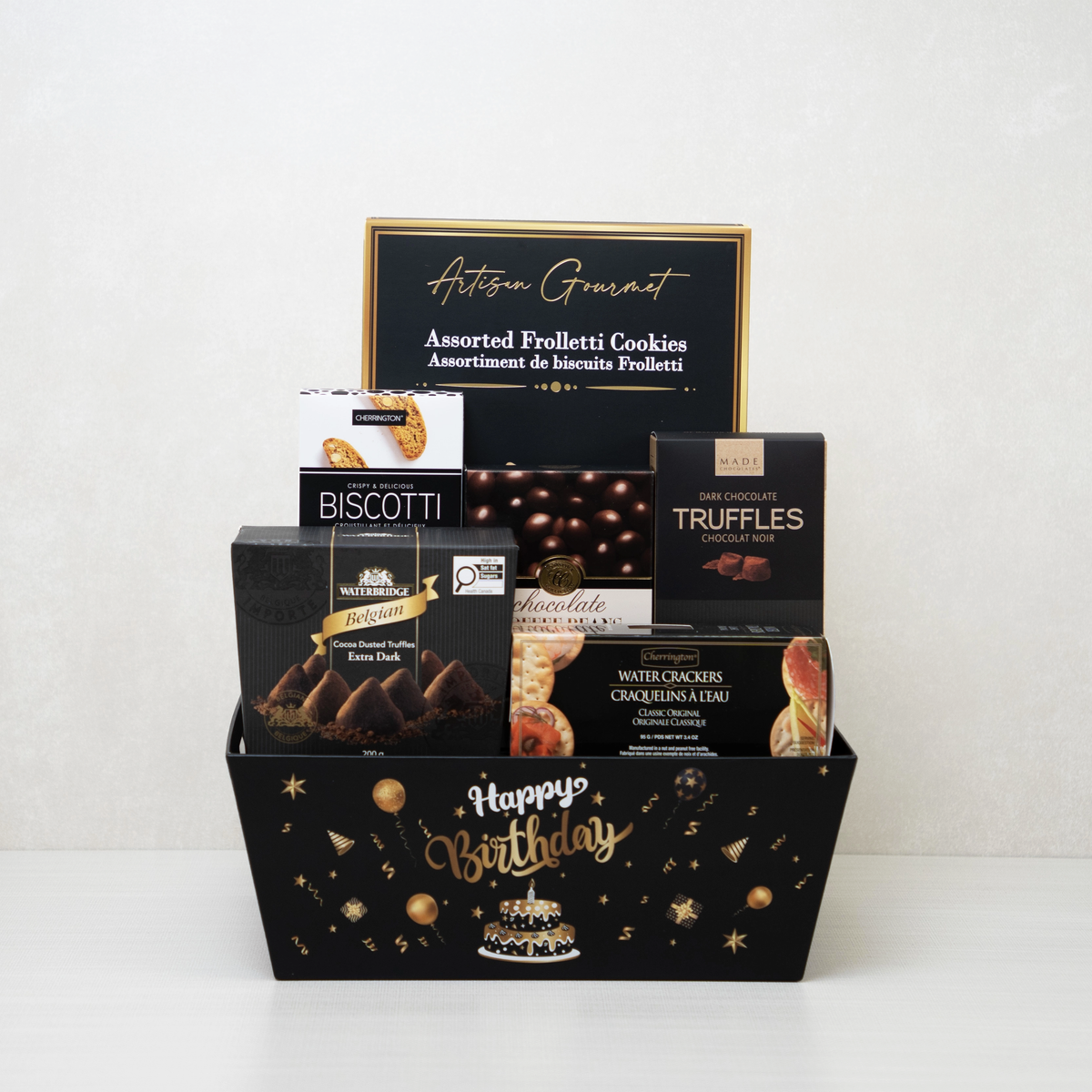 Happy Birthday Gourmet Basket: Coffee beans, cookies, almond biscotti, truffles, and crackers.