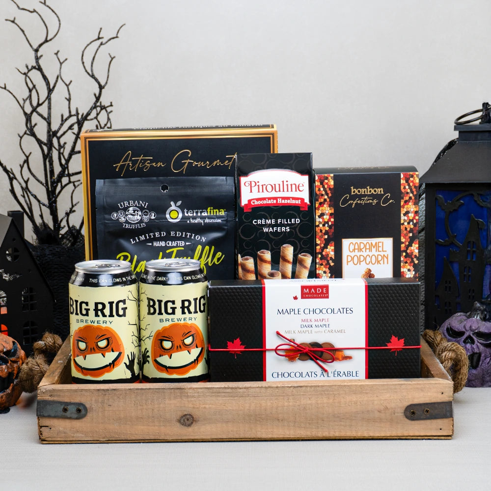 Fright Night Basket with two Big Rig pumpkin ales, Made maple chocolates, caramel popcorn, Pirouline wafers and truffle nuts