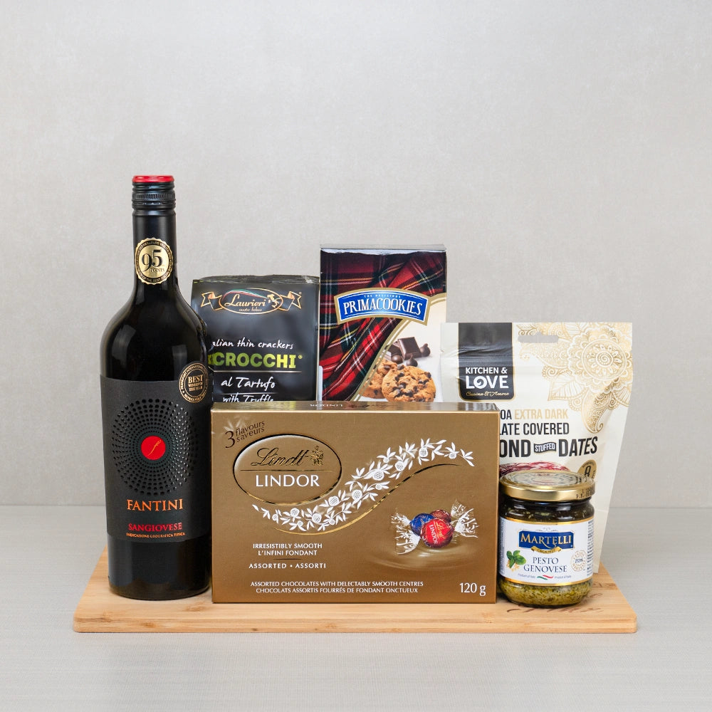 Valentine’s Wine & Sweet Treats Hamper with Fantini Sangiovese, Lindt Lindor, chocolate covered dates and truffle crackers