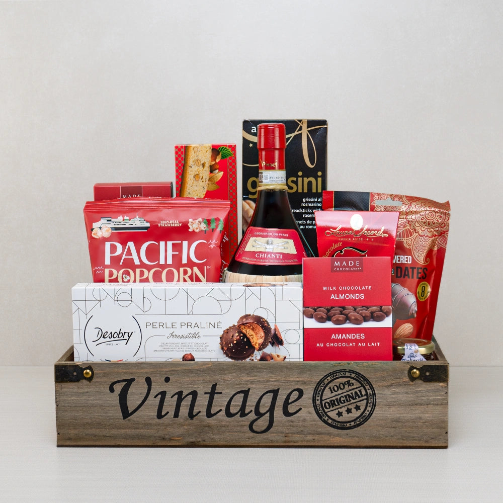 Timeless Love Vintage Basket with Chianti, Desobry Perle Praliné, chocolate almonds and dates in a wooden Vintage crate