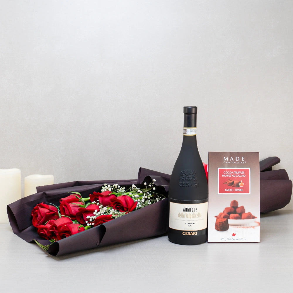 Amoré Romance Wine & Roses Set: Cesari Amarone, Made maple cocoa truffles and a bouquet of red roses with baby's breath