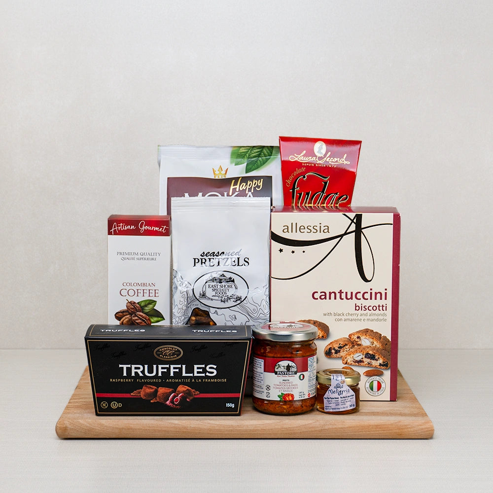 Café & Confections Delight gift set with Colombian coffee, cantuccini, Laura Secord fudge, raspberry truffles and honey