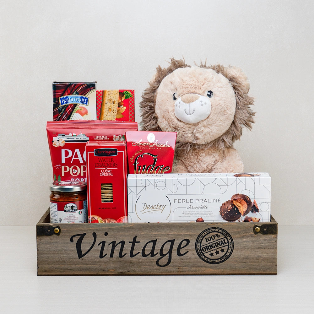 Warm Hugs & Chocolate Delights gift crate with a plush lion, Laura Secord fudge, Desobry Perle Praliné and Pacific popcorn
