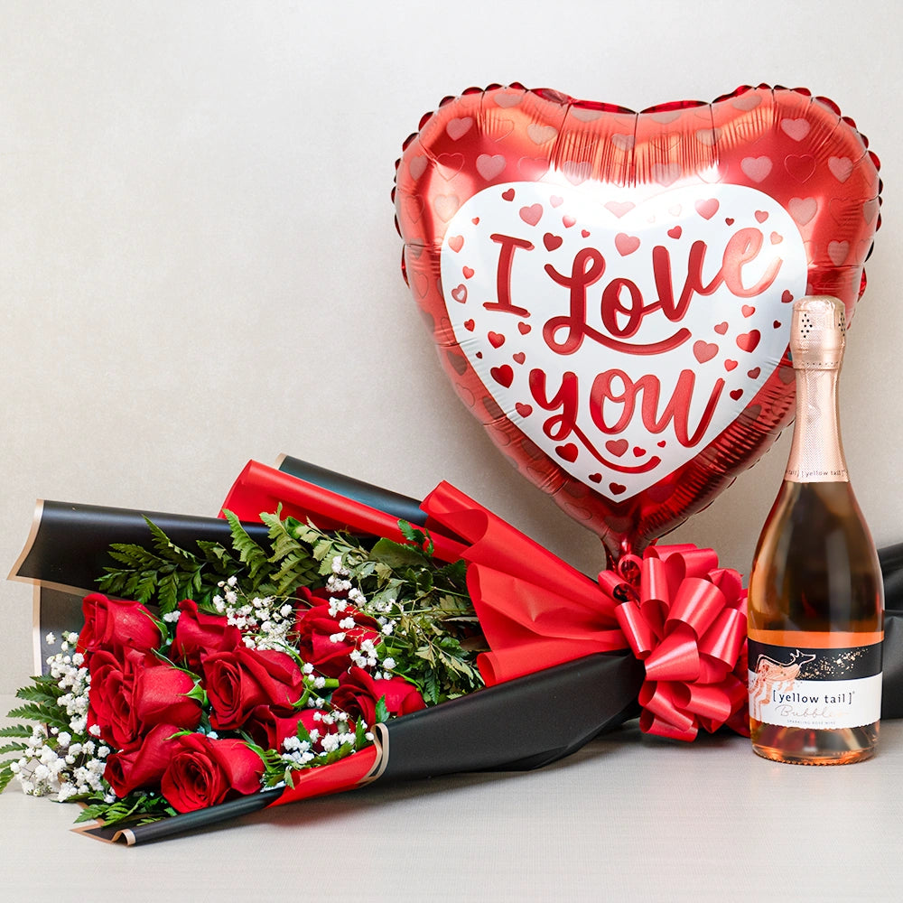 Romantic Rose Bouquet & Sparkling Delight: a dozen red roses, Yellow Tail sparkling rosé and a heart I Love You balloon