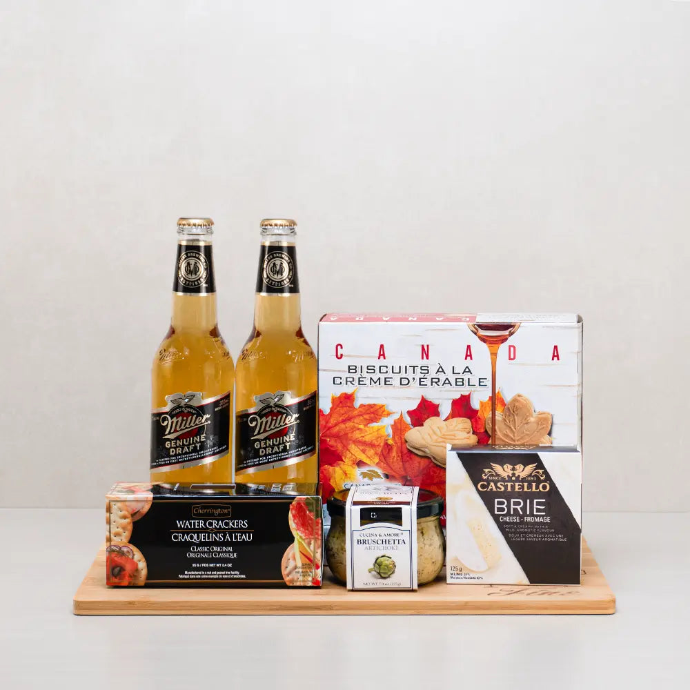 Cheers to Success Gourmet Basket with two Miller Genuine Draft beers, maple cream cookies, Castello brie and bruschetta