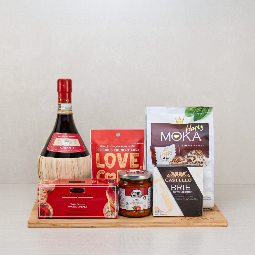 Unforgettable Moments Gift Set with Chianti in a straw fiasco, Love Corn, Castello brie and Moka coffee wafers on bamboo