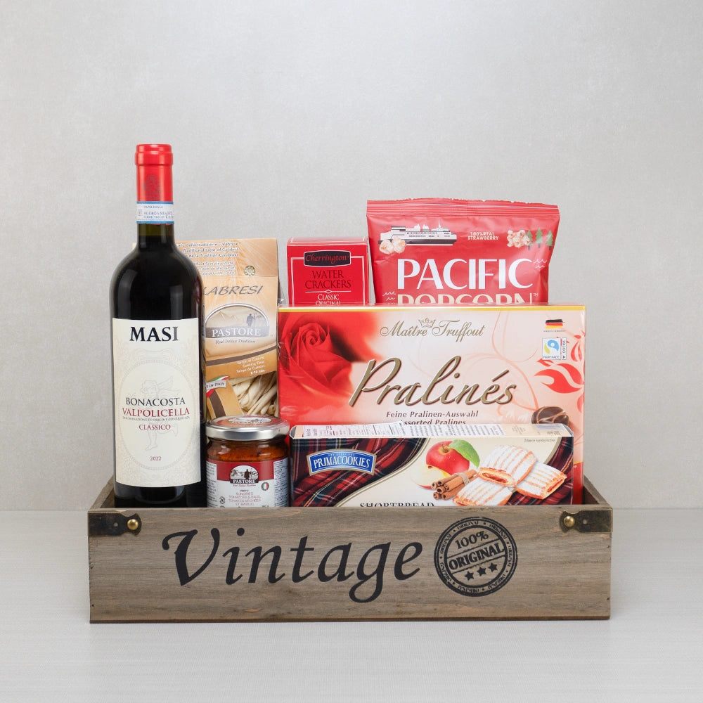 Eternal Vintage Wine & Treats gift set: Masi Valpolicella, Maître Truffout pralines, Pastore pasta and popcorn in a wood tray