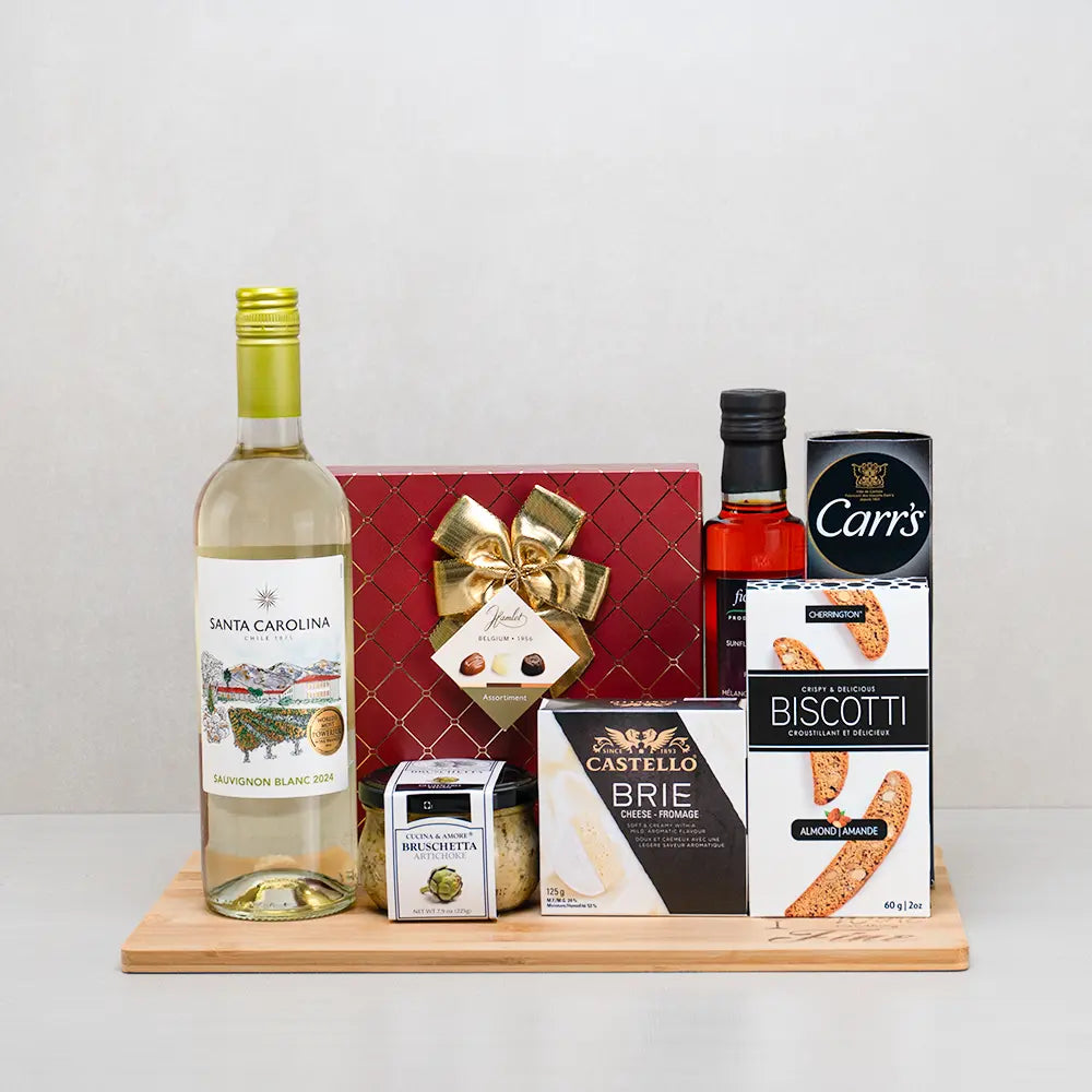 Pure Affection Treats Set with Santa Carolina Sauvignon Blanc, Hamlet chocolates, chili olive oil and Castello brie