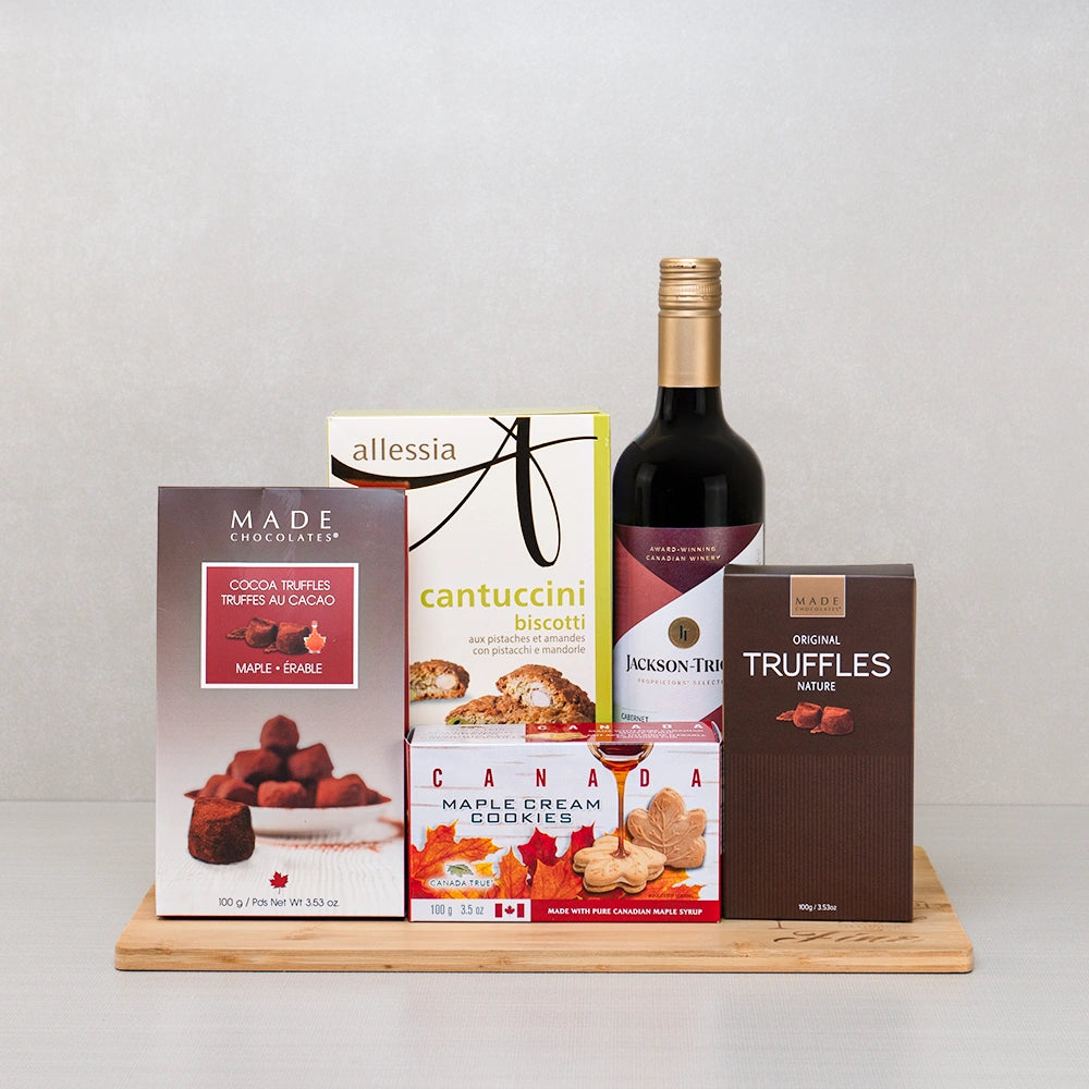 Wine & Cocoa Delight Collection with Jackson-Triggs red wine, Made maple cocoa truffles, cantuccini and maple cream cookies