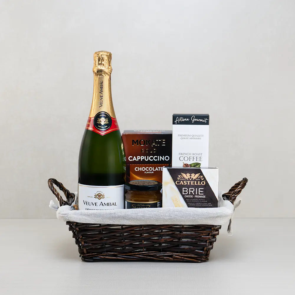 Cappuccino & Bubbles Mother’s Day Gift Basket with Veuve Ambal sparkling wine, chocolate cappuccino, coffee and Castello brie