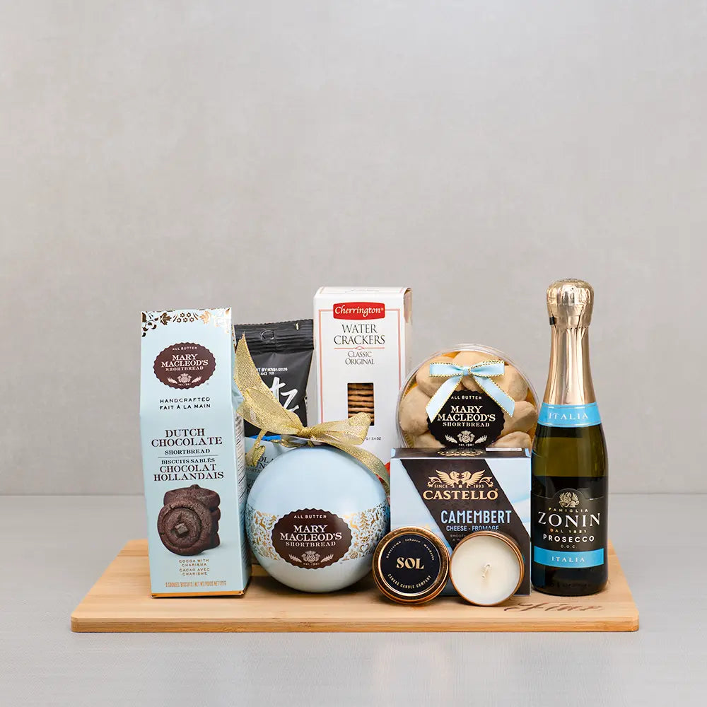 Ultimate Cookie Combo gift set with Zonin Prosecco, Mary Macleod's shortbread tin, Castello Camembert and a candle on bamboo