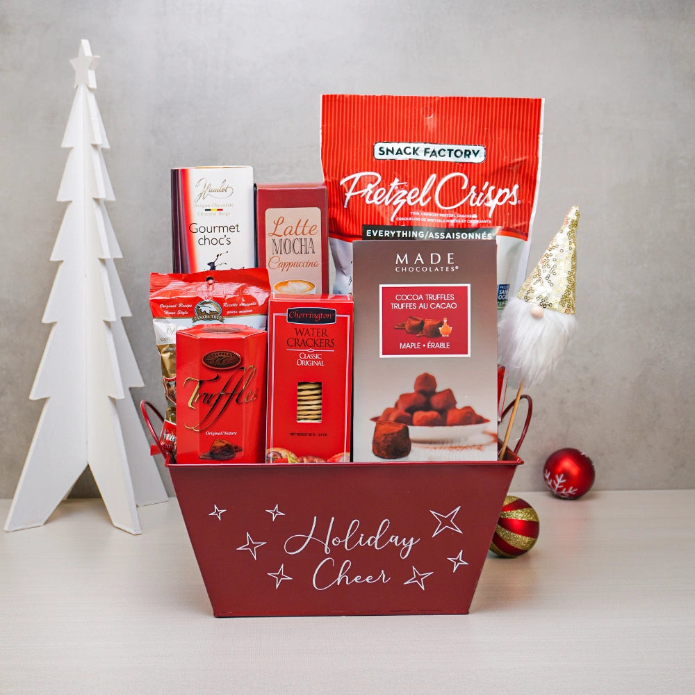 Holiday Cheer Gourmet Basket with maple truffles, Hamlet chocolate thins, pretzel crisps and a gold-hat gnome in a red tin