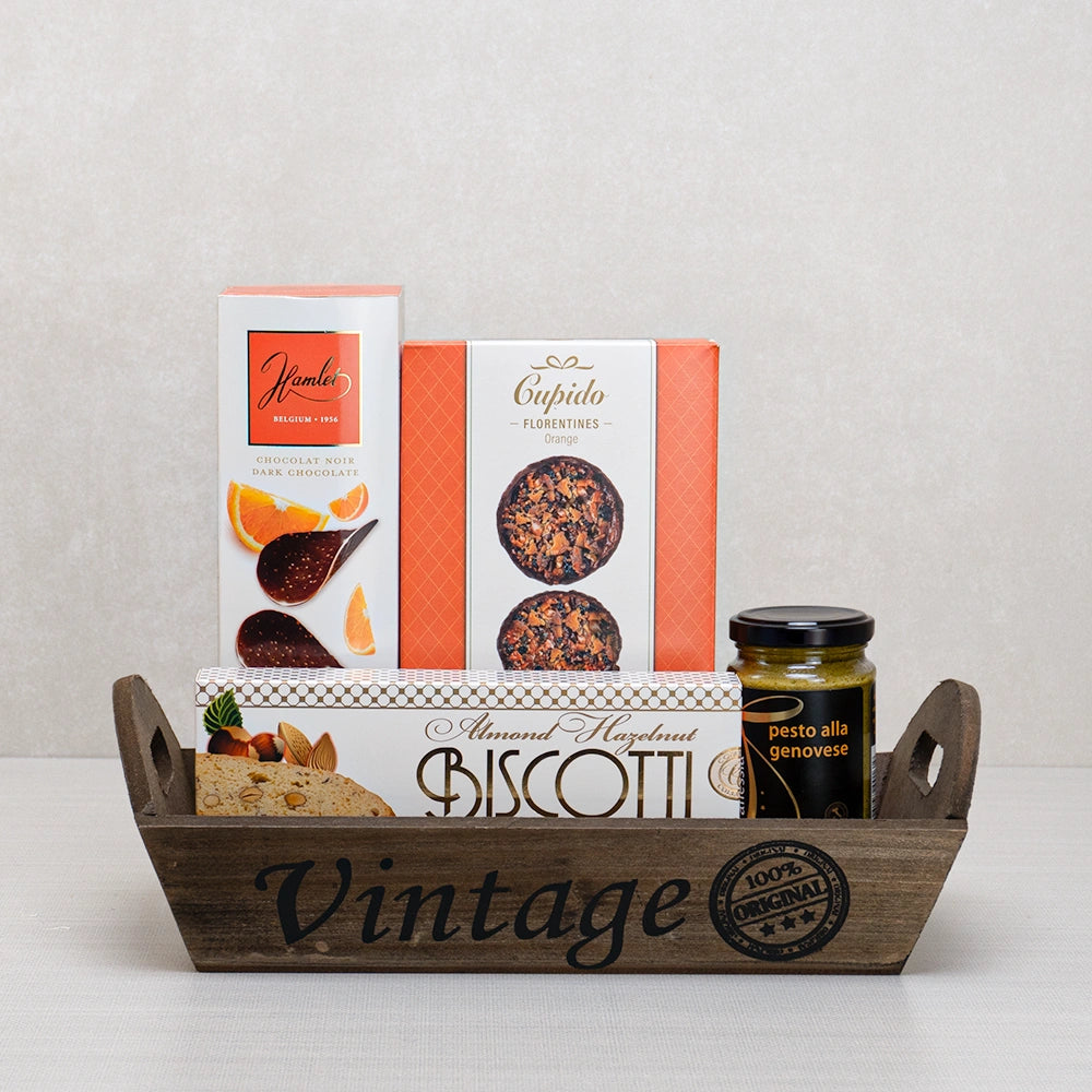 Vintage Italian Sweets & Savories gift tray with Hamlet dark chocolate orange thins, Cupido Florentines, biscotti and pesto