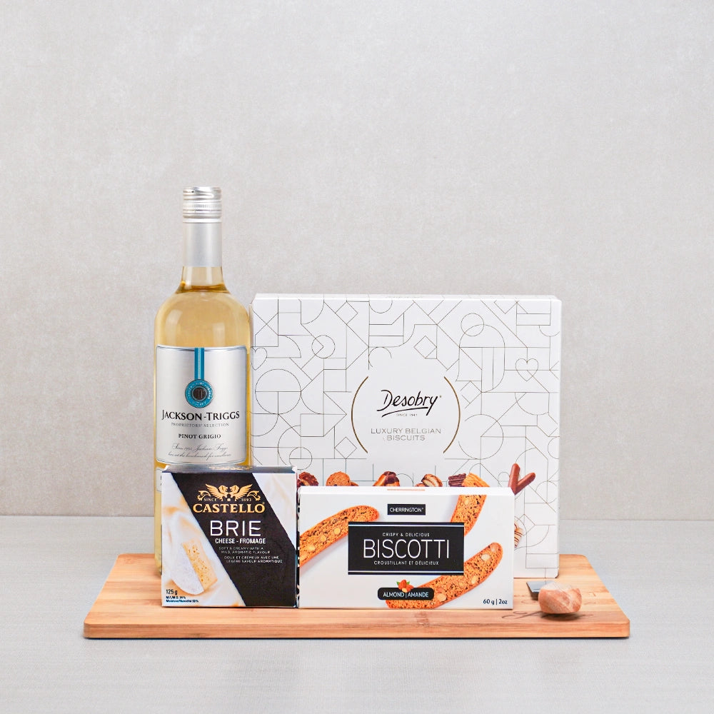 Wine And Luxury Belgian Biscuit Cookies gift set: Jackson-Triggs Pinot Grigio, Desobry biscuits, Castello brie and biscotti
