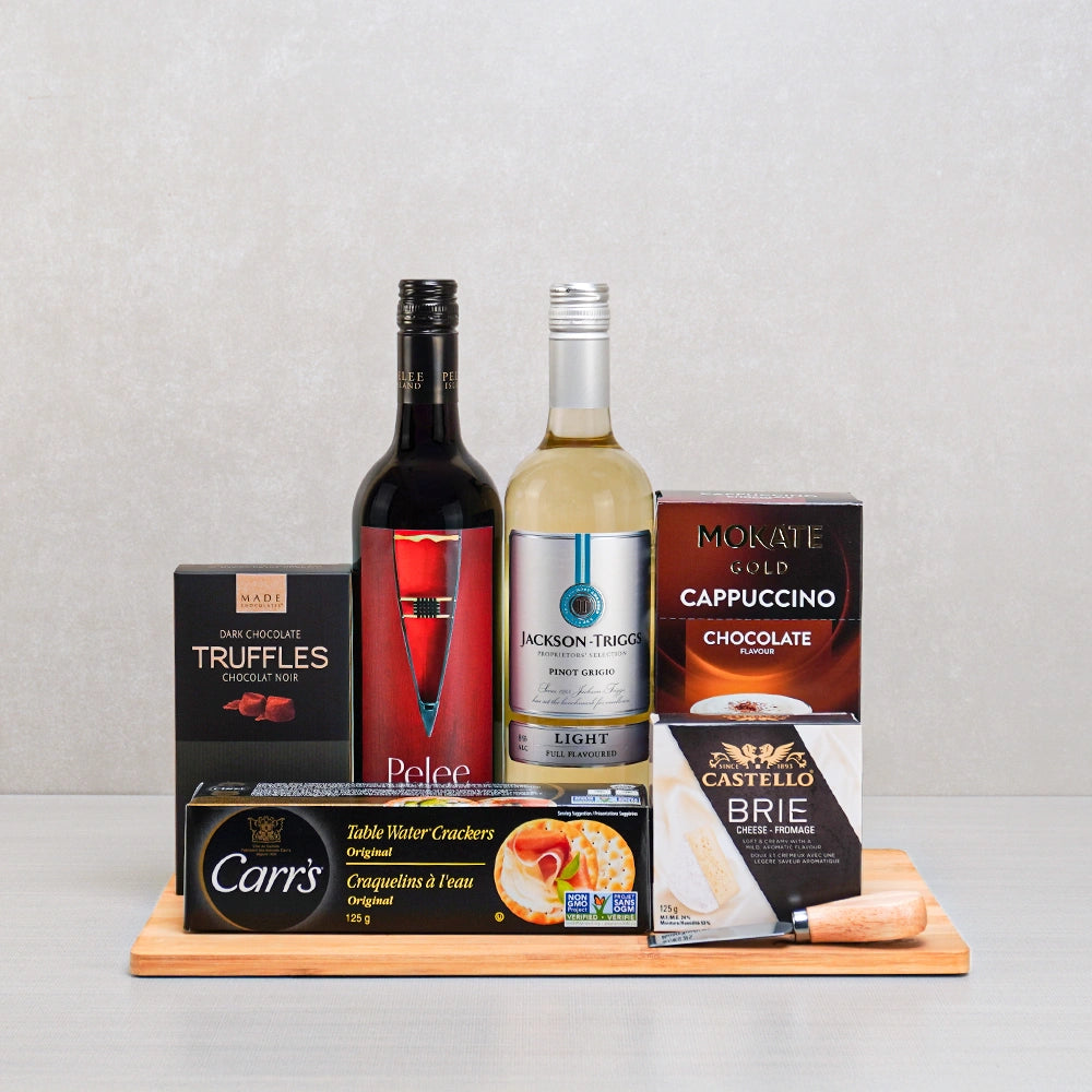 Red & White Wine Duo Gift Set with Pelee Island red, Jackson-Triggs Pinot Grigio, Castello brie and dark truffles on bamboo