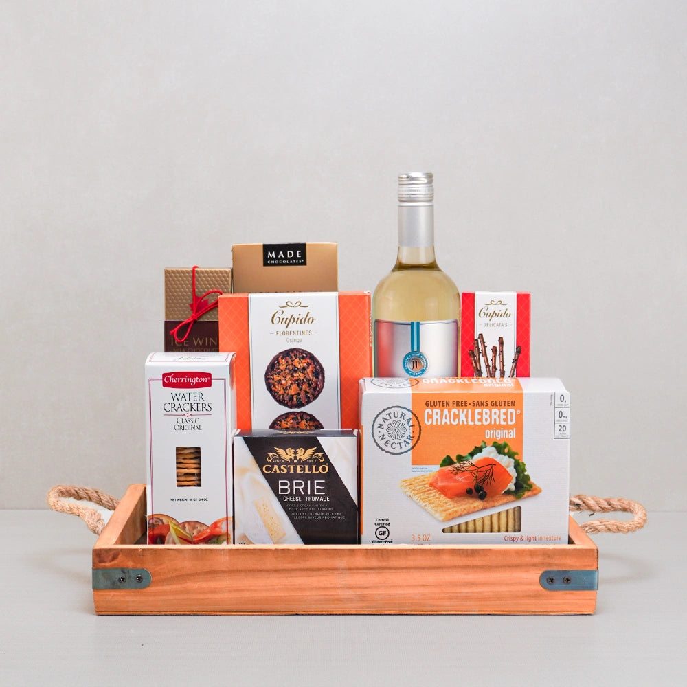 Classic White Wine & Brie Festive Tray with white wine, Castello brie, Cupido orange Florentines and ice wine chocolates