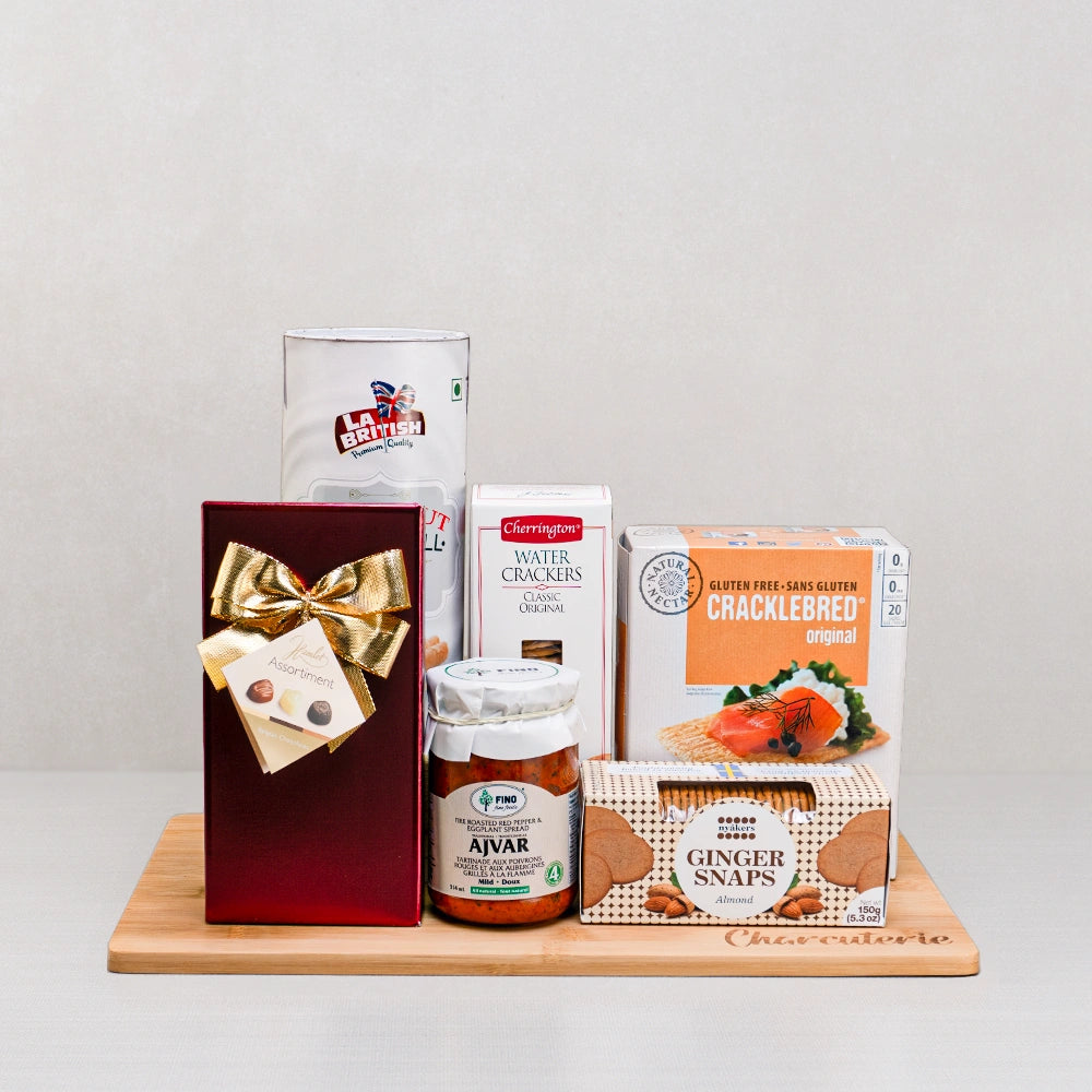 Gourmet Ajvar, Crackers & Chocolate Box with Hamlet Belgian chocolates, Fino ajvar, Cracklebred and almond ginger snaps