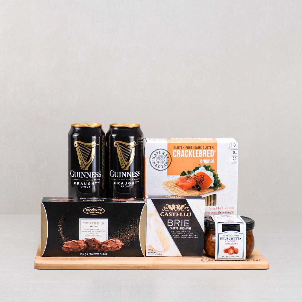 Beer & Snack Pairing Basket with two Guinness Draught cans, Castello brie, Excelcium truffles and sun-dried tomato bruschetta