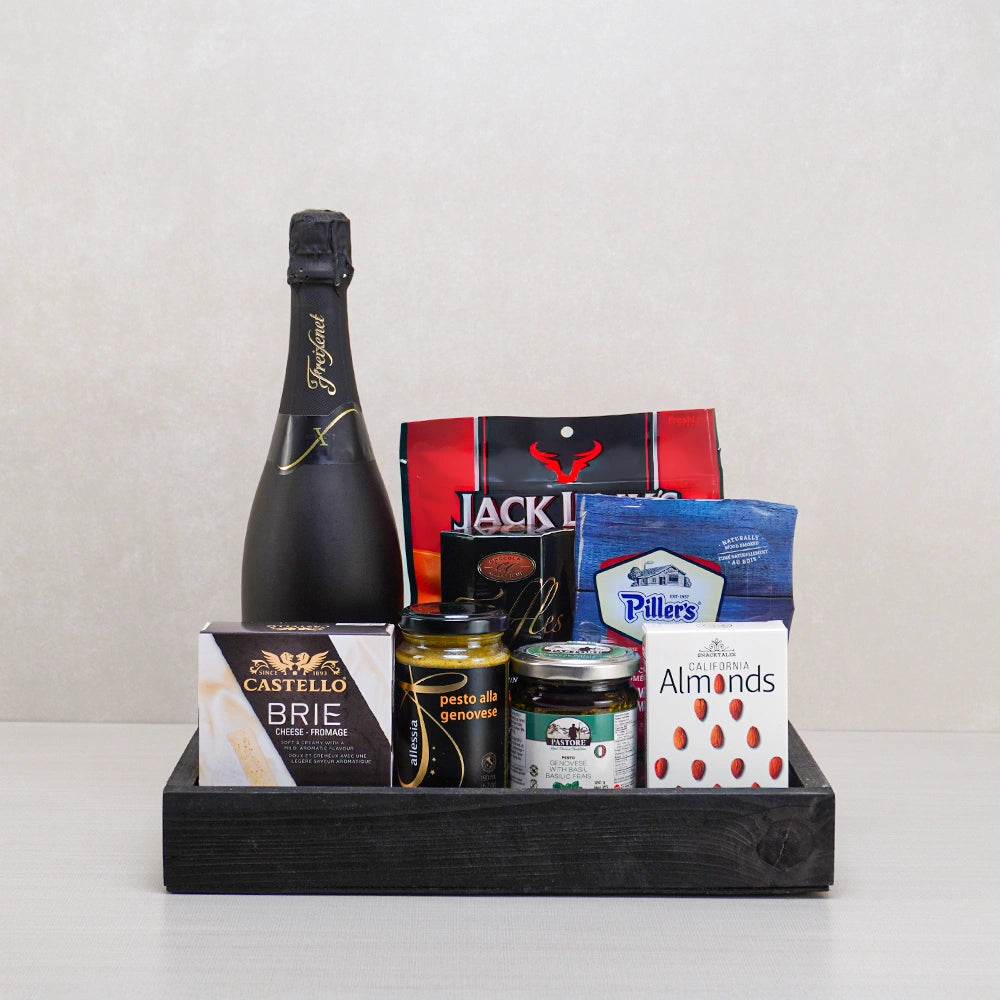 Gentleman’s Sparkling Snack Basket with Freixenet sparkling wine, Castello brie, Jack Link's jerky and Piller's salami