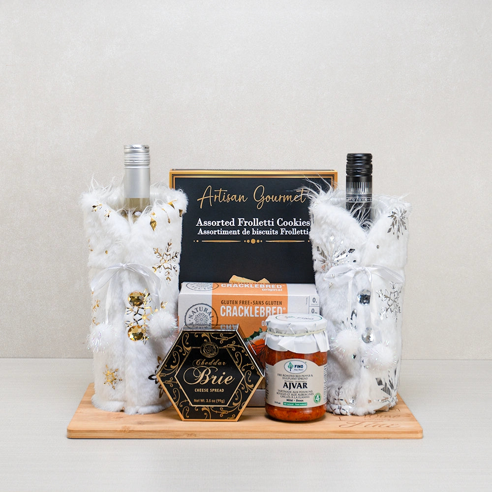 Merry Duo Celebration Basket with red and white wine in faux fur sleeves, Frolletti cookies, ajvar and cheddar brie spread