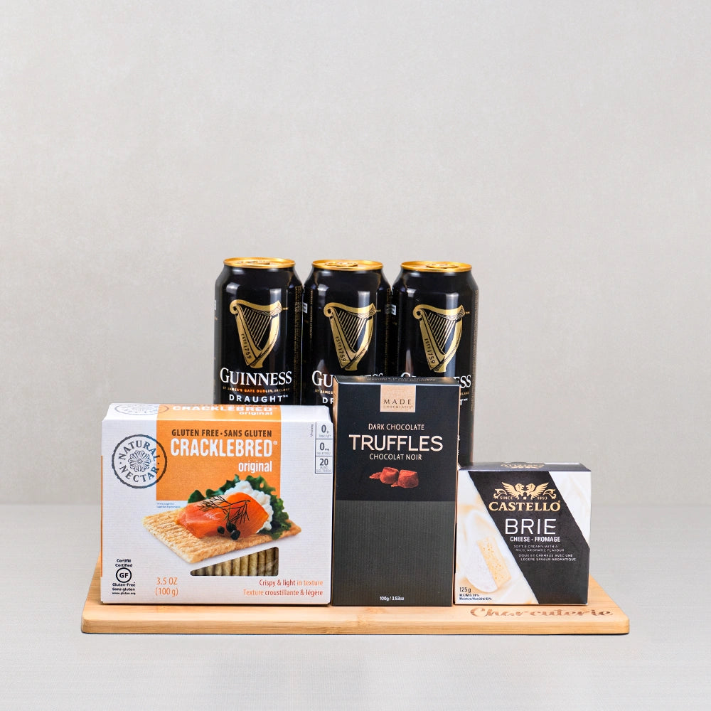 Guinness Gift Set for Men with three Guinness Draught cans, Castello brie, dark chocolate truffles and Cracklebred crackers