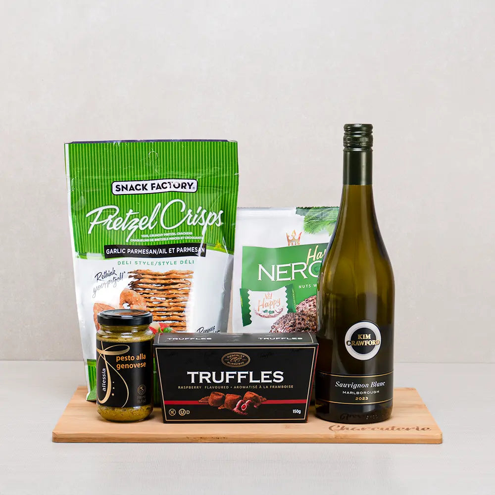 Wine, Pretzels & Truffles Collection with Kim Crawford Sauvignon Blanc, garlic Parmesan pretzel crisps and raspberry truffles
