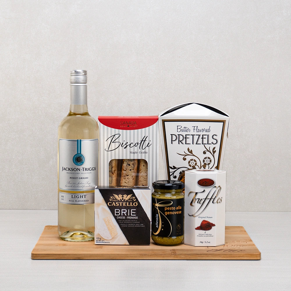 Pinot Grigio Signature Pairing Set with Jackson-Triggs white wine, Castello brie, maple biscotti, butter pretzels and pesto