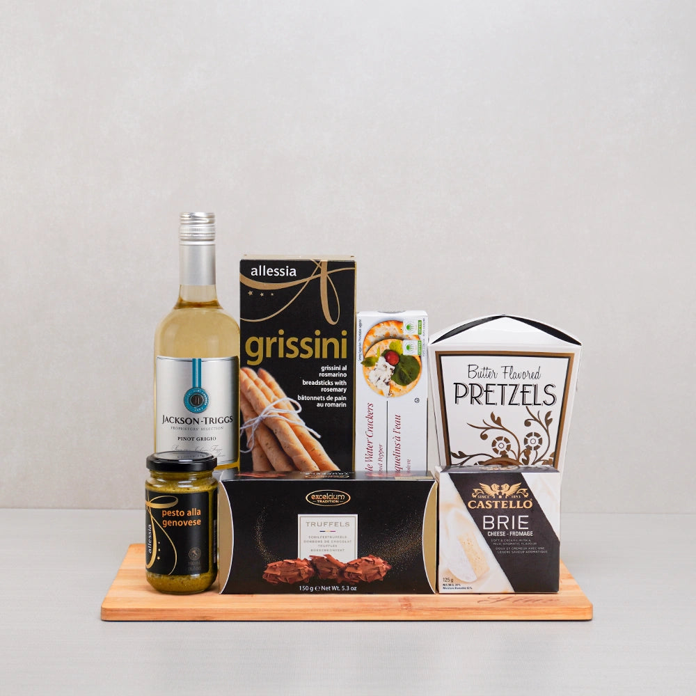 White Wine & Butter Flavored Pretzels gift set with Jackson-Triggs Pinot Grigio, Castello brie, grissini, pesto and truffles