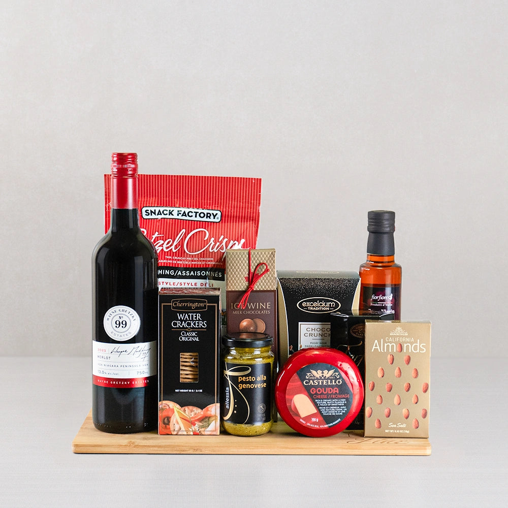 Cheese & Wine Connoisseur Collection with Wayne Gretzky No. 99 Merlot, Castello Gouda, chili oil and ice wine chocolates