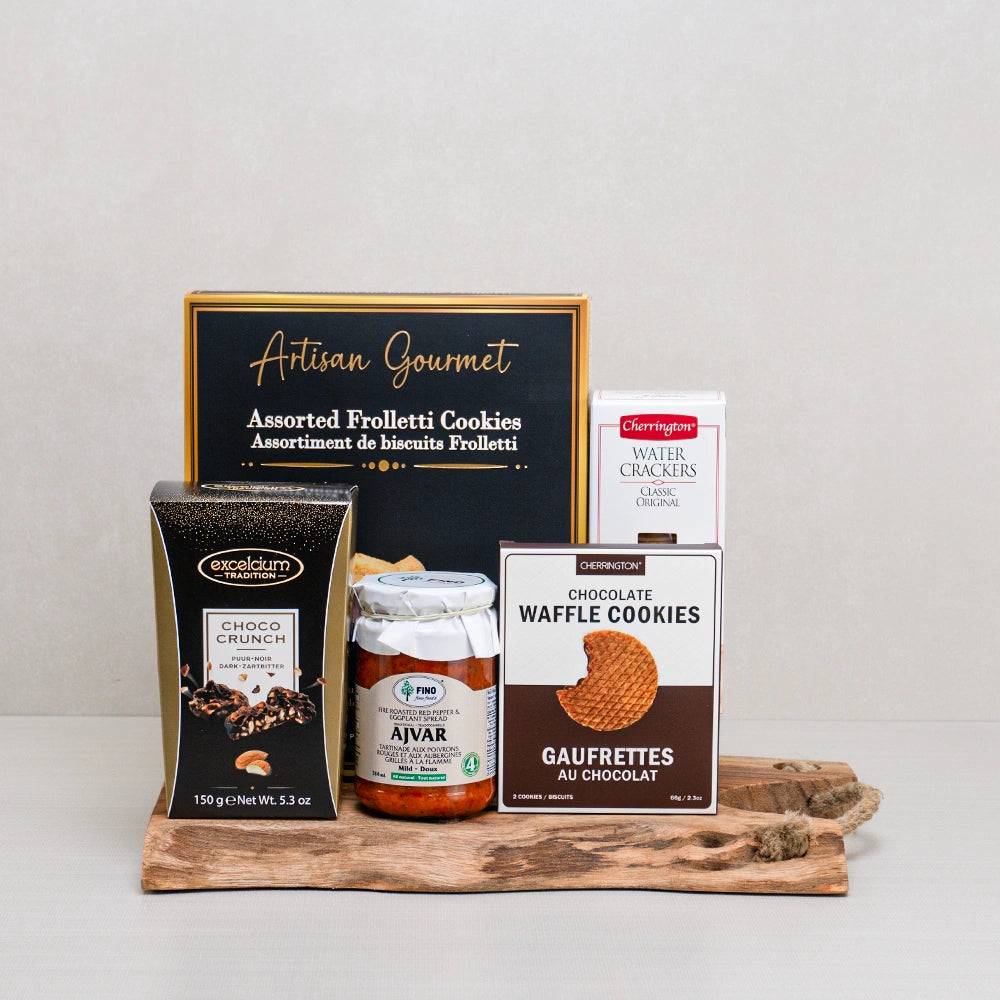 Luxury Cookie & Crunch Collection: Frolletti cookies, Excelcium Choco Crunch, waffle cookies and ajvar on a live edge board