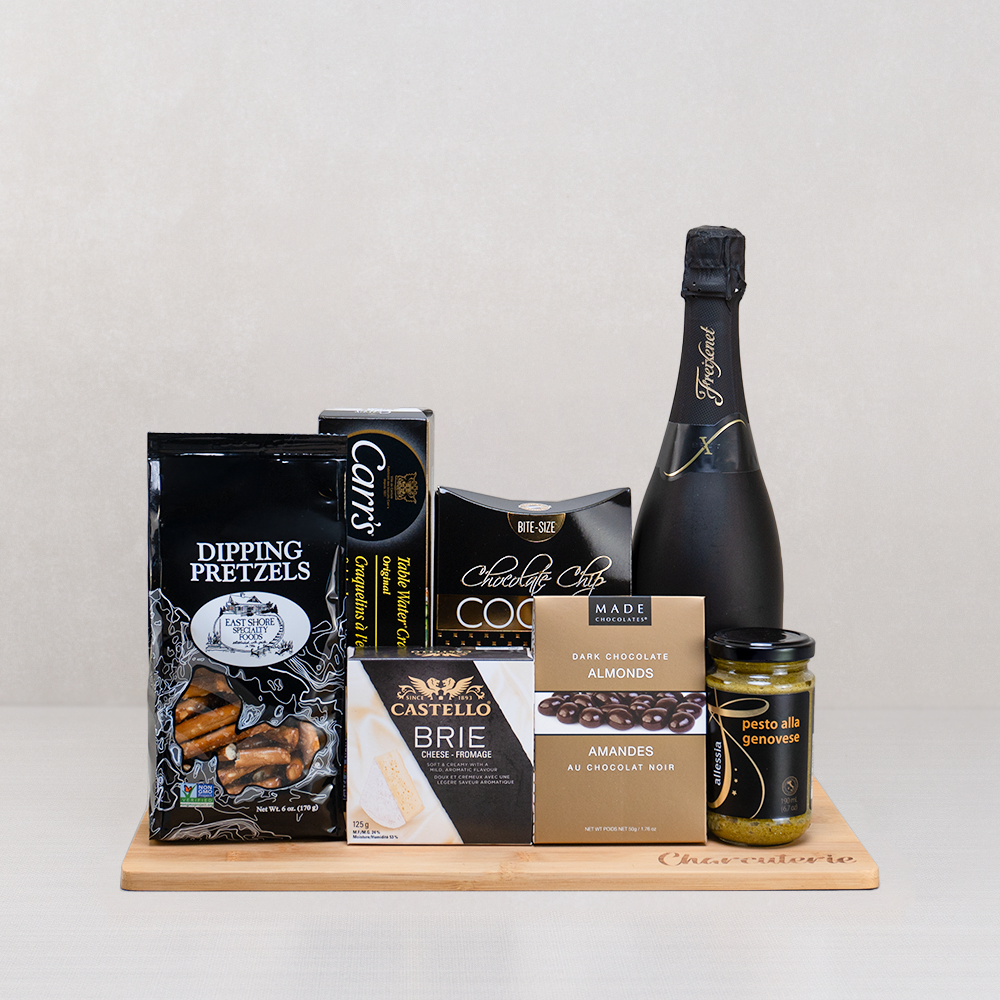 Ultimate Wine, Brie & Cookie Delight gift set with Freixenet sparkling wine, Castello brie, dipping pretzels and cookies