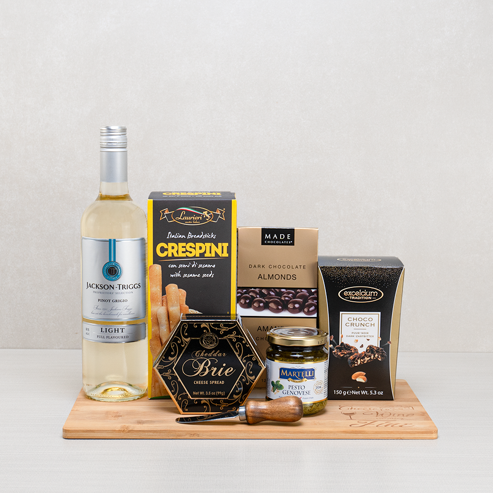 Elite Epicurean Basket with Jackson-Triggs Pinot Grigio, Crespini breadsticks, Excelcium Choco Crunch and cheddar brie spread