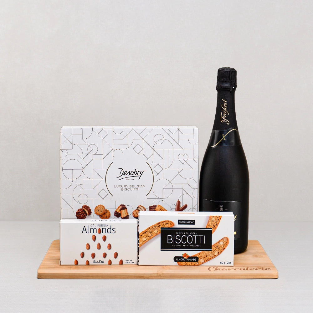 Classic Wine & Chocolate Pairing gift set: Freixenet sparkling wine, Desobry Belgian biscuits, almond biscotti and almonds