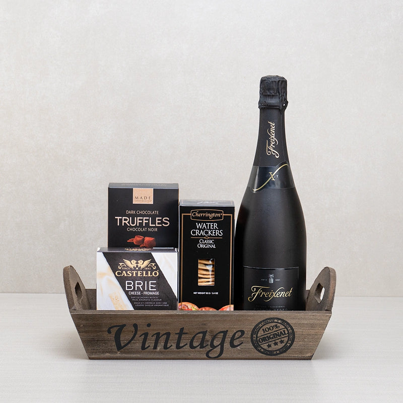 A sparkling wine and chocolate gift basket to share as a couple