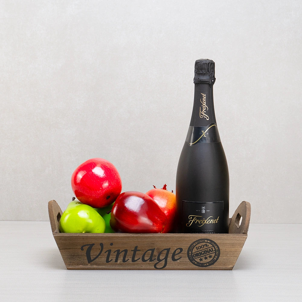 Luxury Get Well Soon Gift Set with Freixenet Cordon Negro cava, apples, a pear and a pomegranate in a wooden Vintage tray