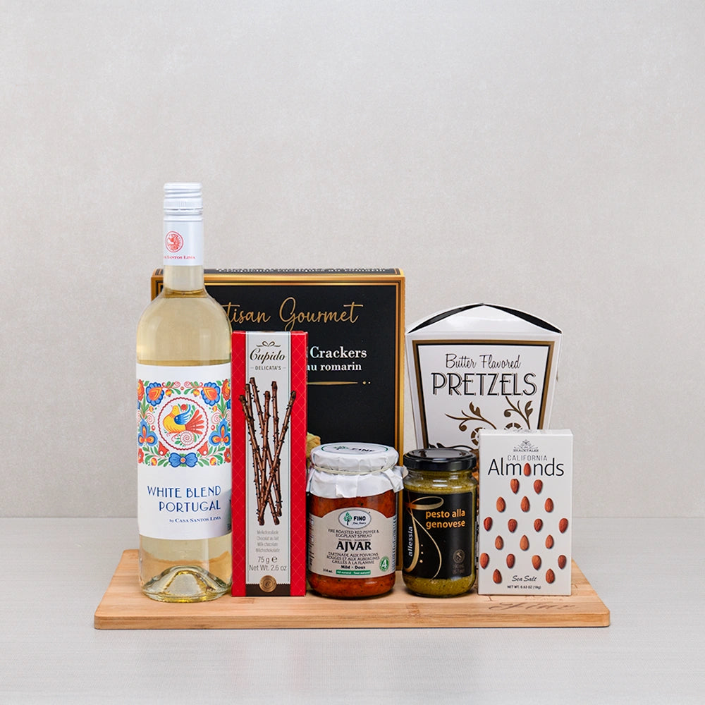 White Blend Portugal Flavor Fusion Set: white wine, Cupido chocolate sticks, ajvar, pesto and butter pretzels on a board