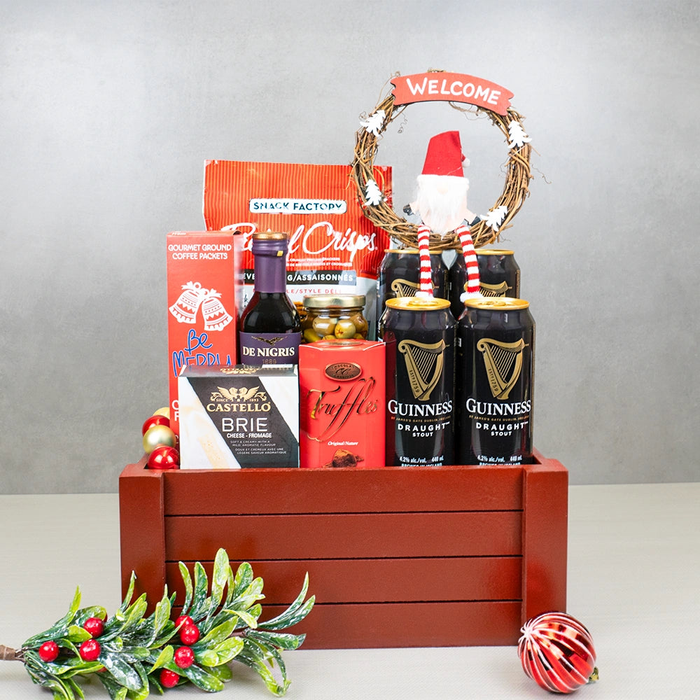 Welcome Christmas Cheer Gift Basket with Guinness Draught, Castello brie, olives and a gnome welcome wreath in a red crate